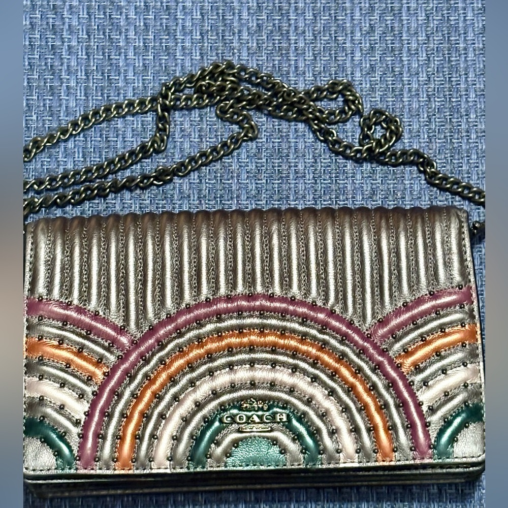 Coach Callie Foldover Chain Clutch With Colorblock Deco Quilting And Rivets